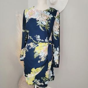 Socialite Size L Dark Green Floral Faux WRAP Long Sleeve Mini Dress